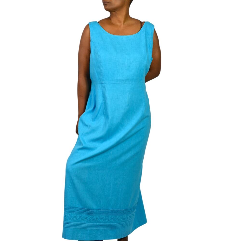 Sag Harbor Maxi Dress Blue Turquoise Linen Blend Pintuck Casual Long Plus 18